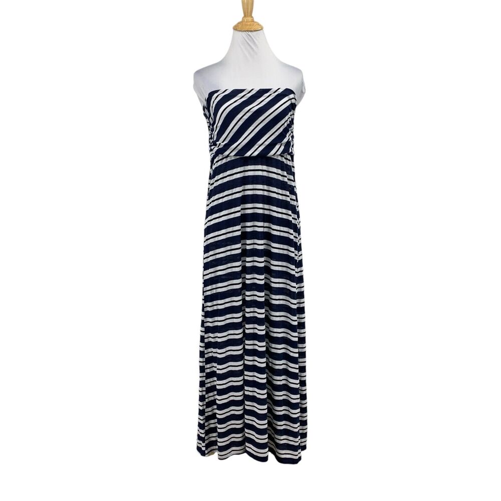 Michael Stars Dress Womens S Small Navy White Striped Stretch Strapless Maxi